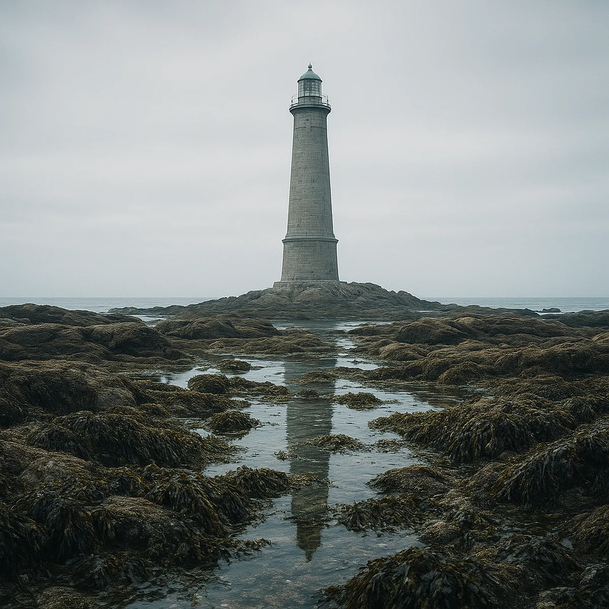 Grand phare en granit sur une pointe rocheuse du Cotentin